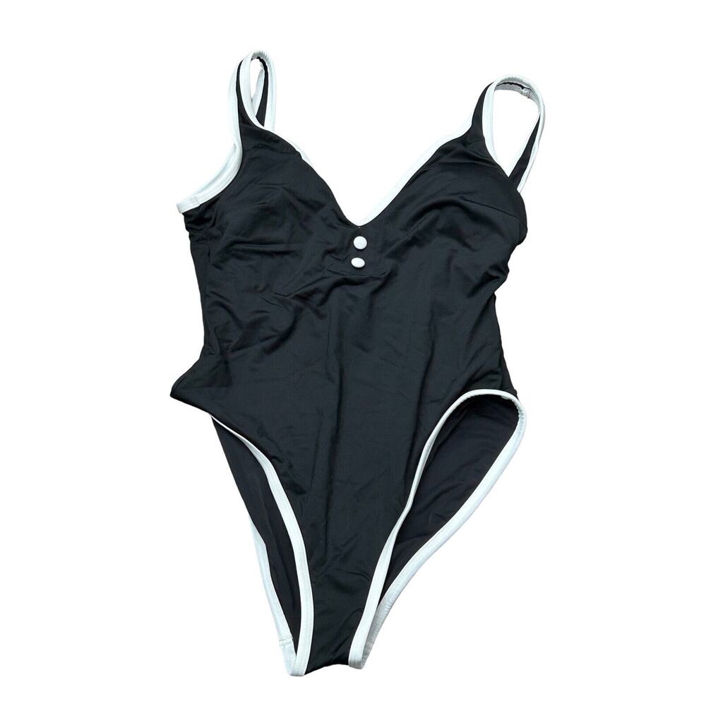 Aqua Swim Size Small Black One Piece White Trim Swimsuit V Neck Buttons NWT